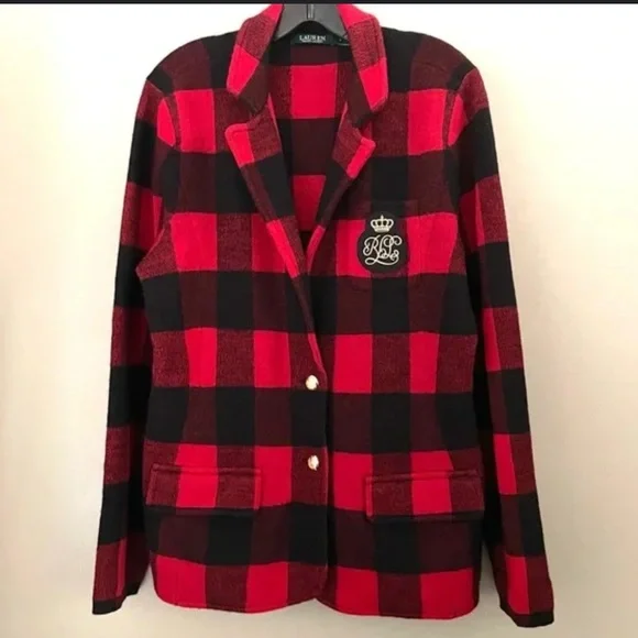 Ralph Lauren Buffalo Check Plaid Wool Knit Sweater Blazer Jacket Crest Rugby Lg - Picture 2 of 13